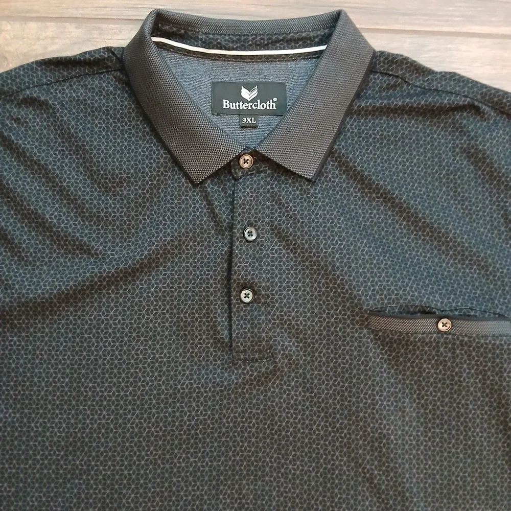 Buttercloth Polo Mens 3XL‎ Black Geometric AOP Golf Soft Cotton Casual Pocket
